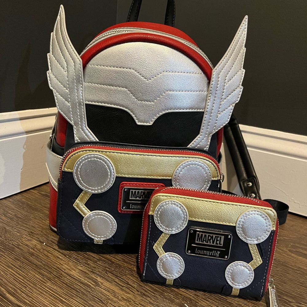 marvel thor loungefly book bag & wallet